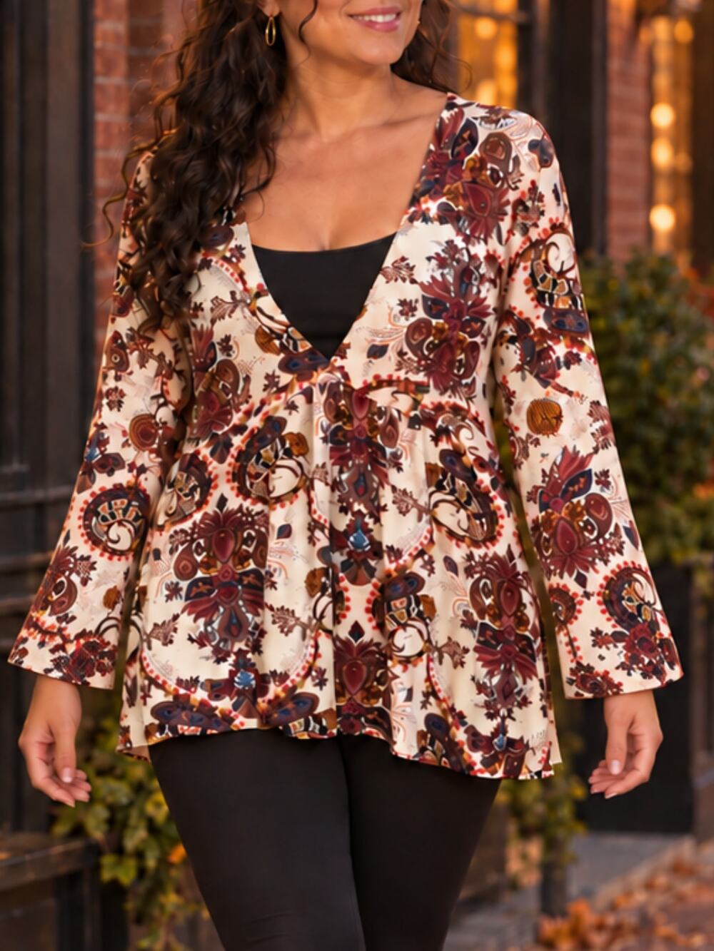 Venus Paisley Deep V Neck Empire Waist Boho Top L